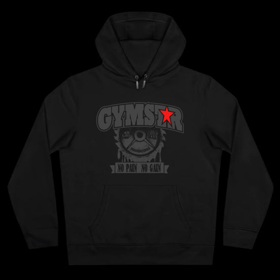 Sport black athletic hoodie gymstar with grey graphic featuring the text "NO PAIN NO GAIN" barbel grephic and a  GYMSTAR logo. Front view.
