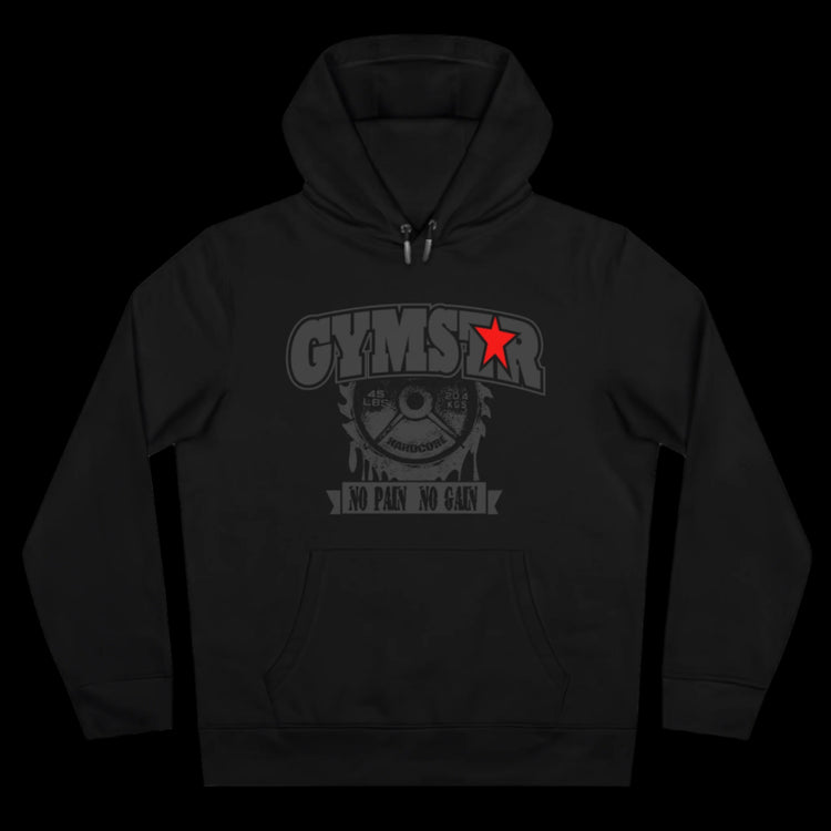 Sport black athletic hoodie gymstar with grey graphic featuring the text "NO PAIN NO GAIN" barbel grephic and a  GYMSTAR logo. Front view.