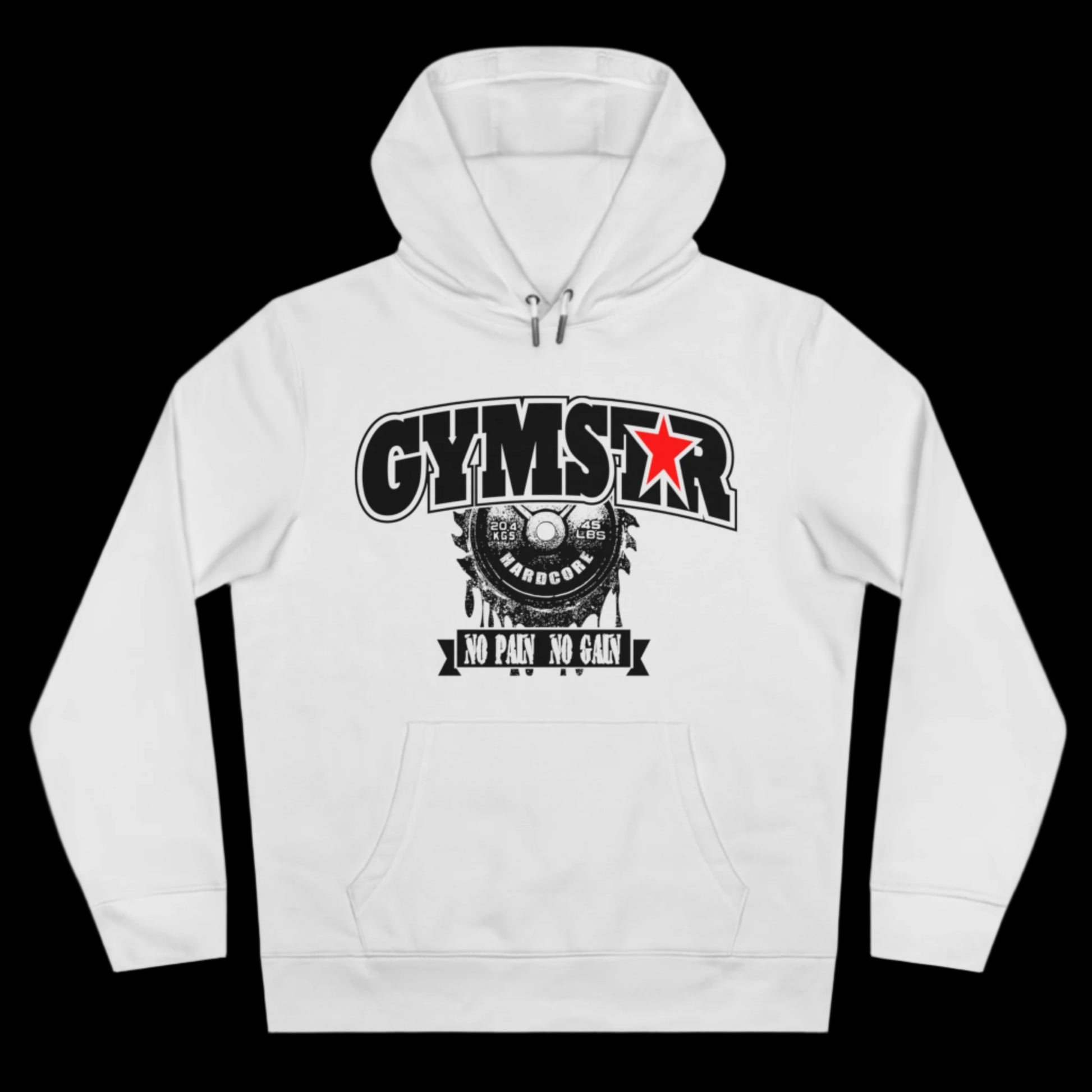 Sport white athletic hoodie gymstar with black graphic featuring the text "NO PAIN NO GAIN" barbel graphic and a  GYMSTAR logo. Front view.