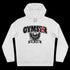 Sport white athletic hoodie gymstar with black graphic featuring the text "NO PAIN NO GAIN" barbel graphic and a  GYMSTAR logo. Front view.