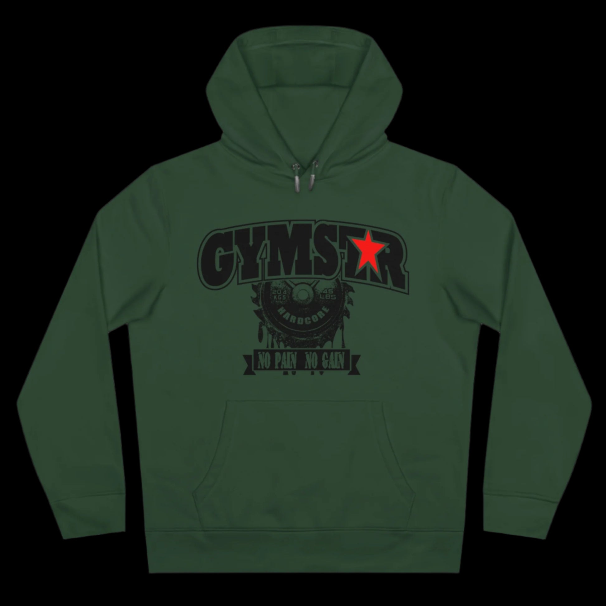 Sport green athletic hoodie gymstar with black graphic featuring the text "NO PAIN NO GAIN" barbel graphic and a  GYMSTAR logo. Front view.