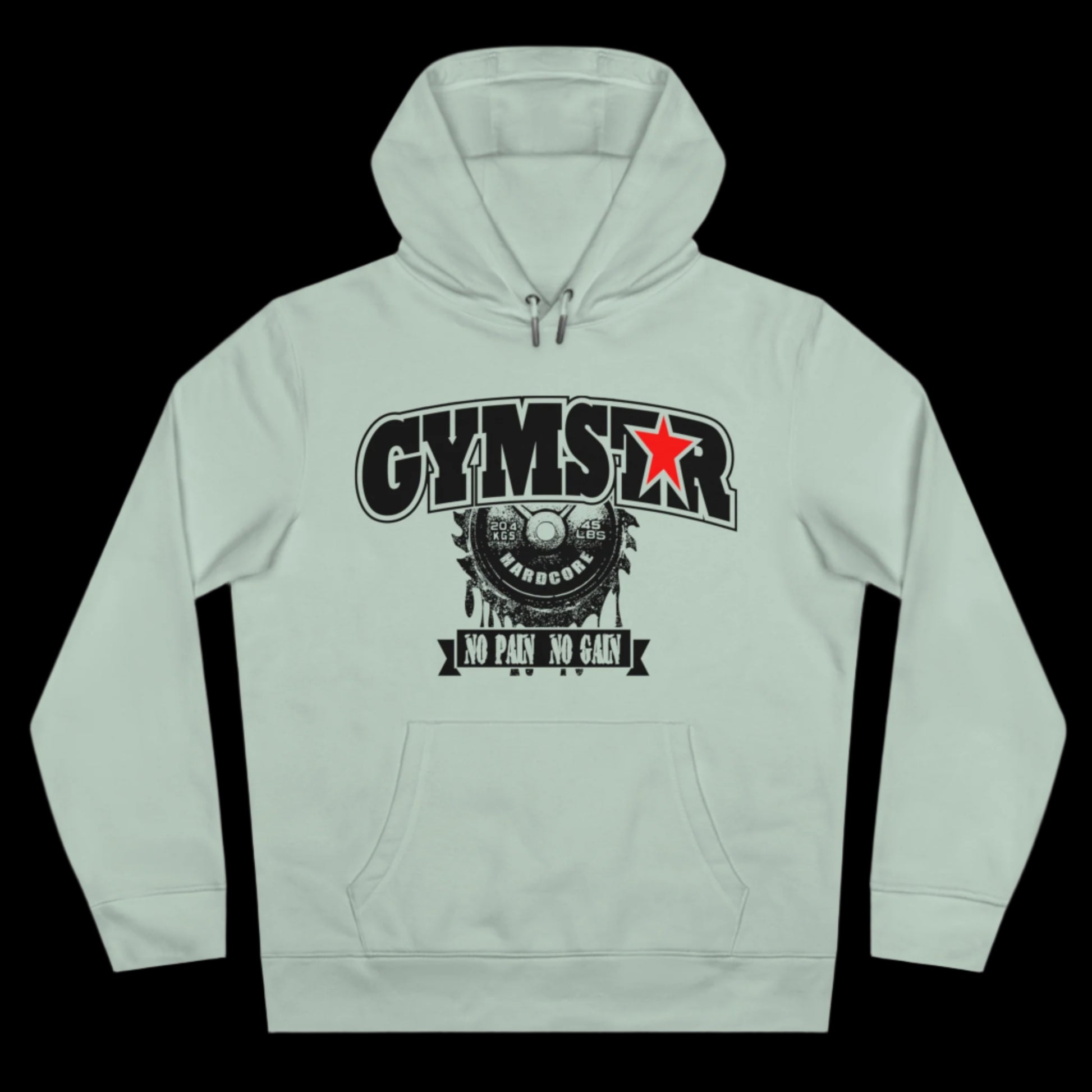 Sport resada athletic hoodie gymstar with black graphic featuring the text "NO PAIN NO GAIN" barbel graphic and a  GYMSTAR logo. Front view.