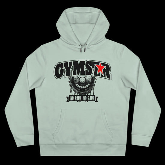 Sport resada athletic hoodie gymstar with black graphic featuring the text "NO PAIN NO GAIN" barbel graphic and a  GYMSTAR logo. Front view.
