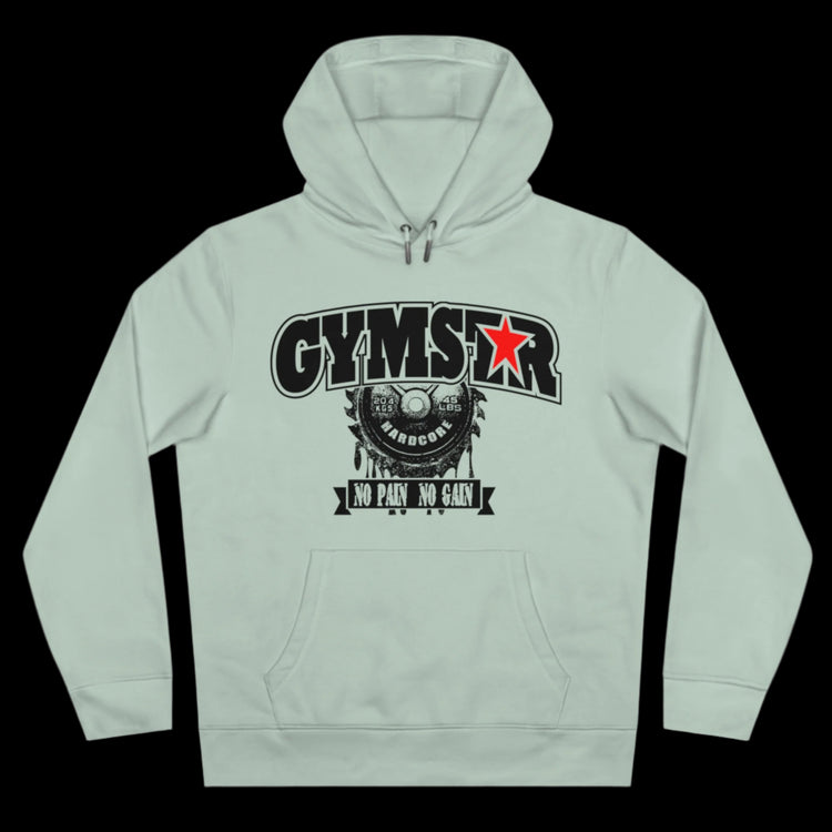 Sport resada athletic hoodie gymstar with black graphic featuring the text "NO PAIN NO GAIN" barbel graphic and a  GYMSTAR logo. Front view.