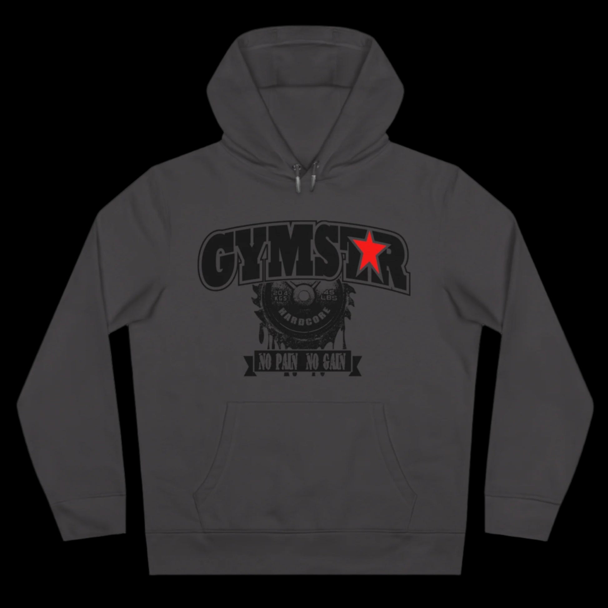 Sport sport grey athletic hoodie gymstar with black graphic featuring the text "NO PAIN NO GAIN" barbel graphic and a  GYMSTAR logo. Front view.