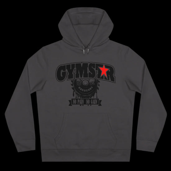 Sport sport grey athletic hoodie gymstar with black graphic featuring the text "NO PAIN NO GAIN" barbel graphic and a  GYMSTAR logo. Front view.
