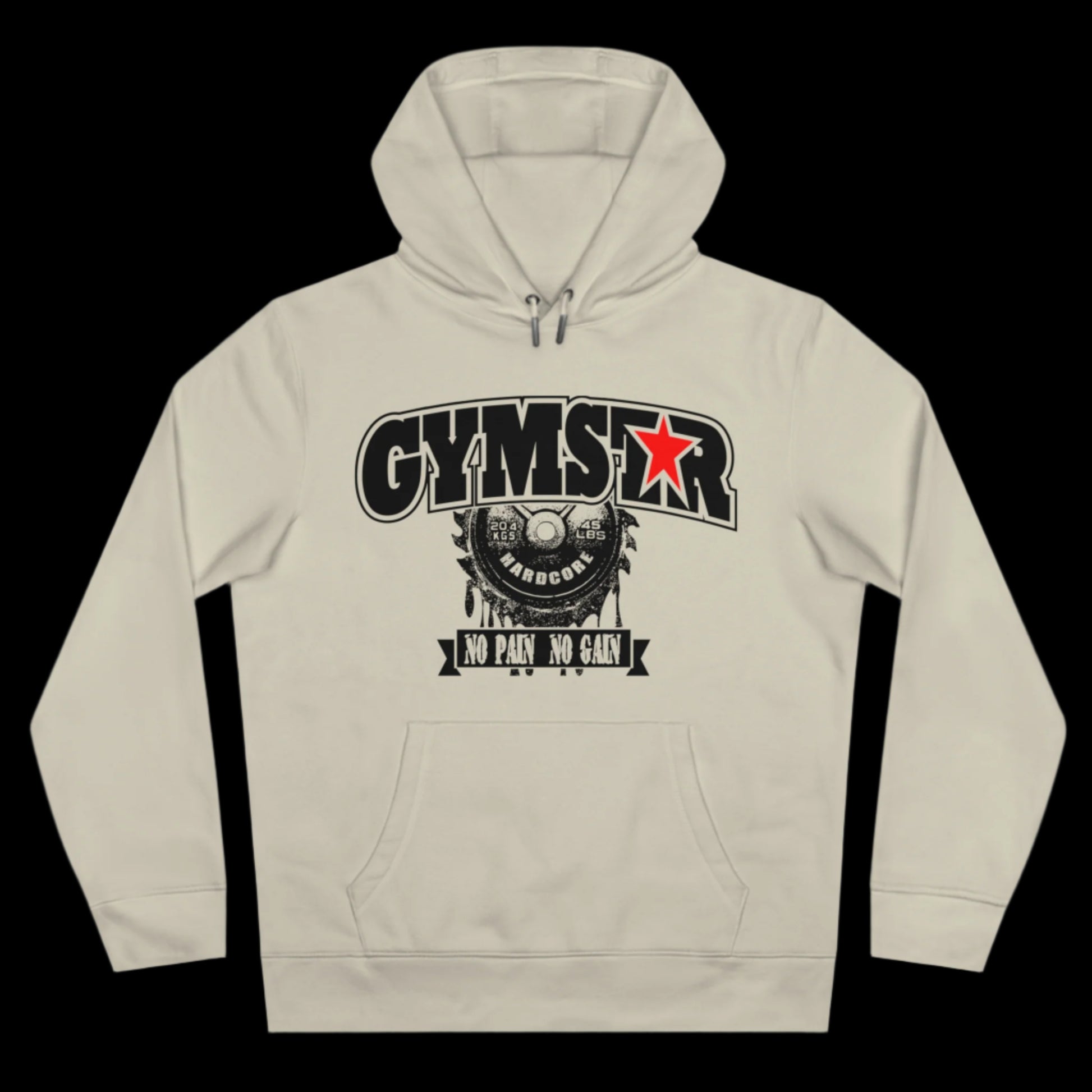 Sport beige athletic hoodie gymstar with black graphic featuring the text "NO PAIN NO GAIN" barbel graphic and a  GYMSTAR logo. Front view.