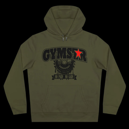 Sport military green athletic hoodie gymstar with black graphic featuring the text "NO PAIN NO GAIN" barbel graphic and a  GYMSTAR logo. Front view.