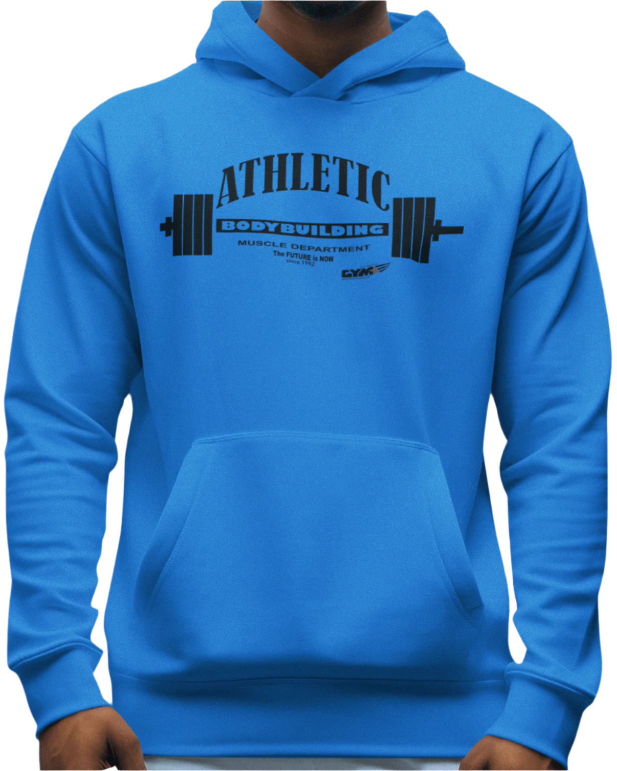 A person wearing a blue hoodie with 'ATHLETIC GYM BUILDING' and logo printed on the front.