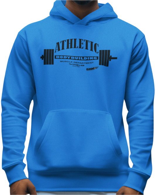 A person wearing a blue hoodie with 'ATHLETIC GYM BUILDING' and logo printed on the front.