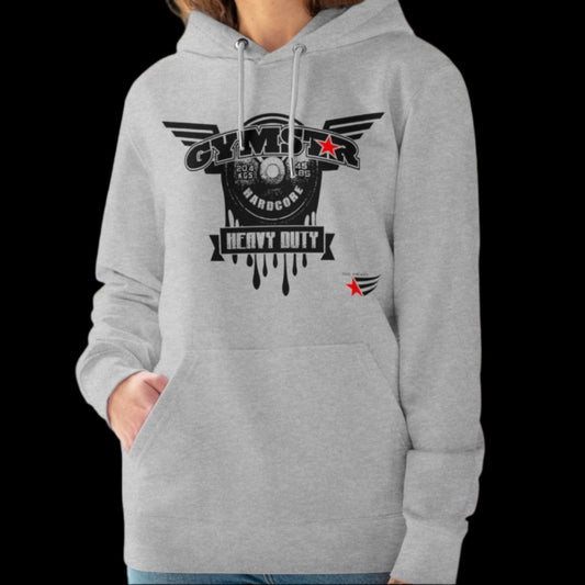 A woman wearing a gray Gymstar hoodie with 'GYM HEAVY DUTY' text and a graphic design on the front.