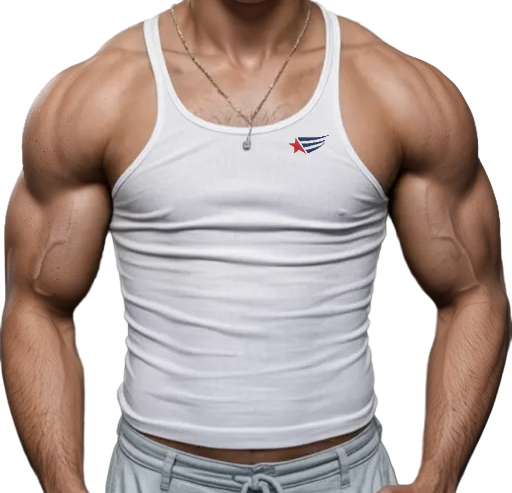 Muscular man wearing a white Gymstar tank top with brand logo.