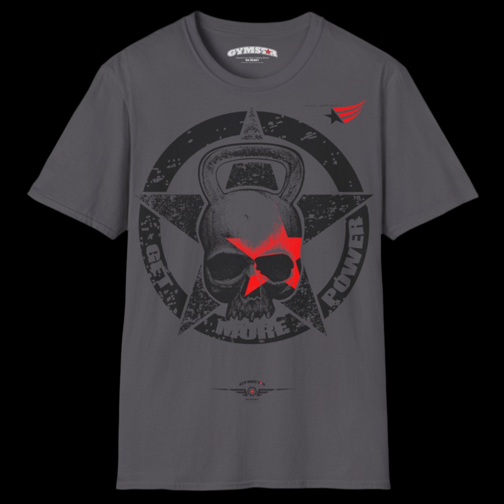  a sport grey Gymstar T-shirt, branded with the company logo and a motivational print, Get More Power