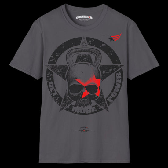  a sport grey Gymstar T-shirt, branded with the company logo and a motivational print, Get More Power