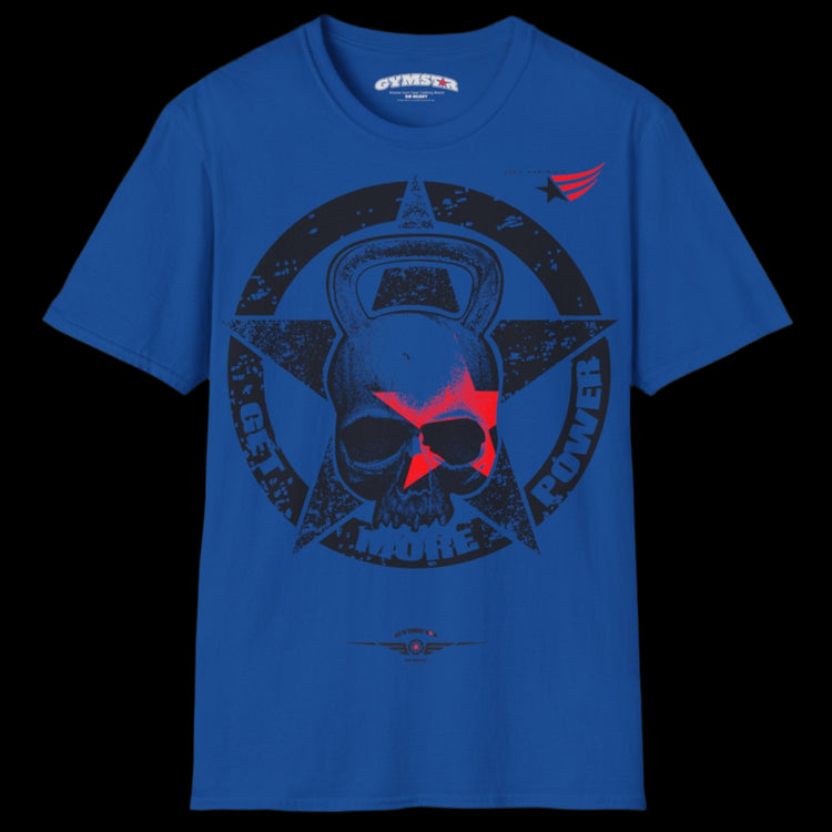  a blue Gymstar T-shirt, branded with the company logo and a motivational print, Get More Power