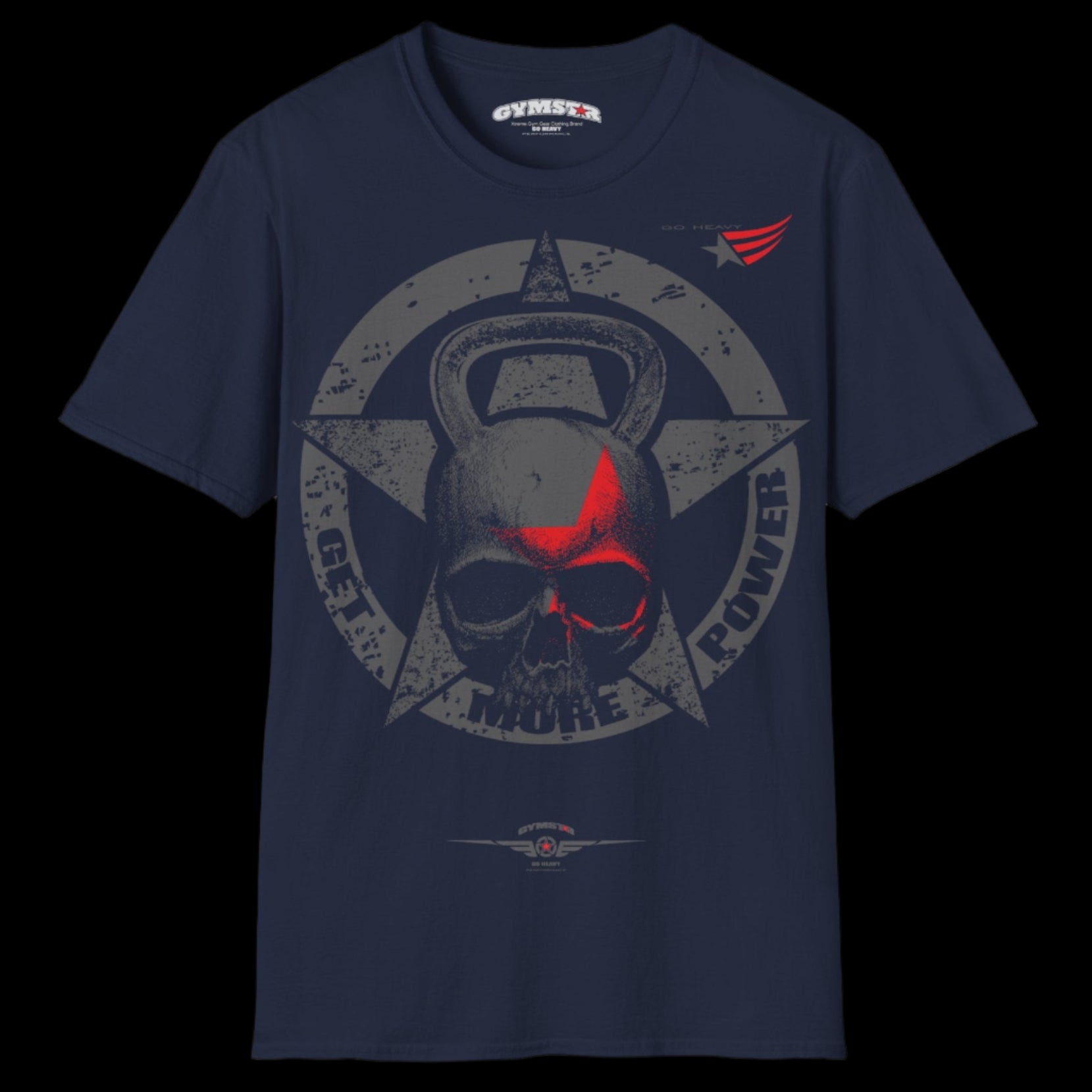  a navy blue Gymstar T-shirt, branded with the company logo and a motivational print, Get More Power