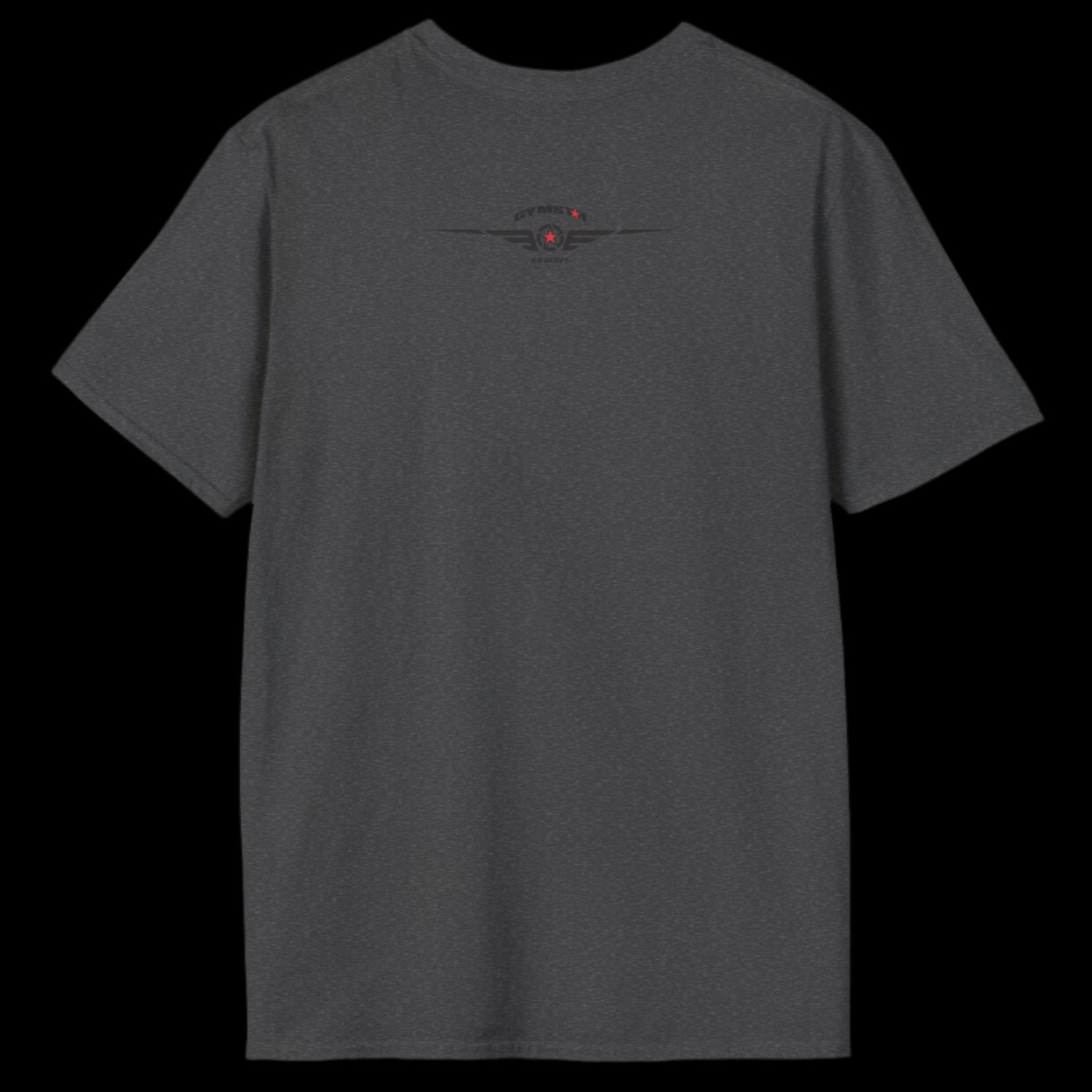 A sharcoal Gymstar T-shirt, branded with the company logo and a motivational print, Get More Power back view.