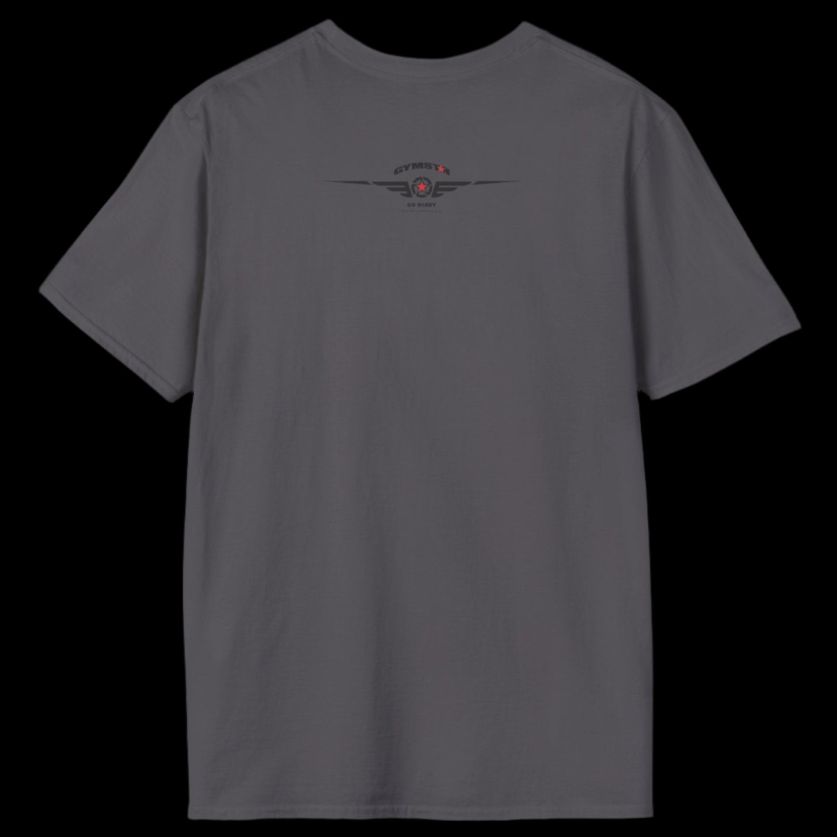 A grey Gymstar T-shirt, branded with the company logo and a motivational print, Get More Power back view.