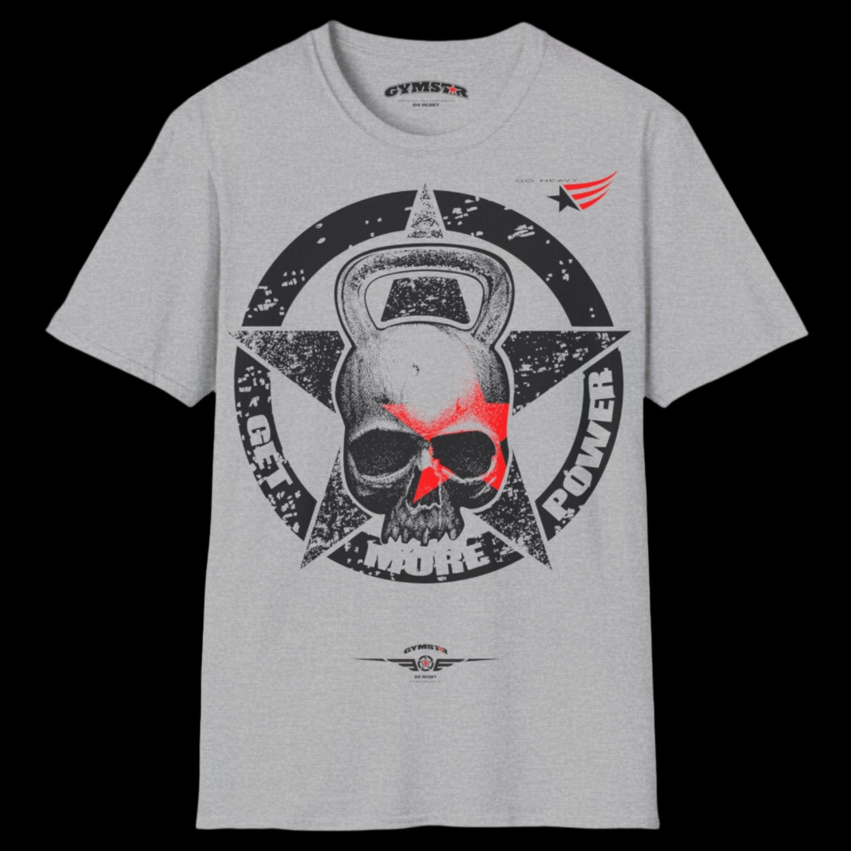  a grey Gymstar T-shirt, branded with the company logo and a motivational print, Get More Power