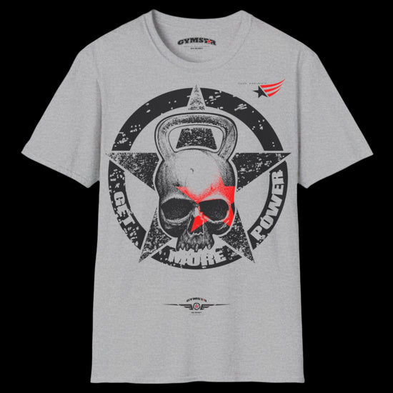  a grey Gymstar T-shirt, branded with the company logo and a motivational print, Get More Power
