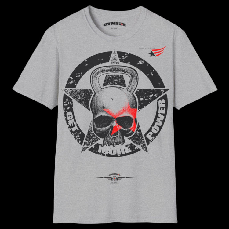  a grey Gymstar T-shirt, branded with the company logo and a motivational print, Get More Power