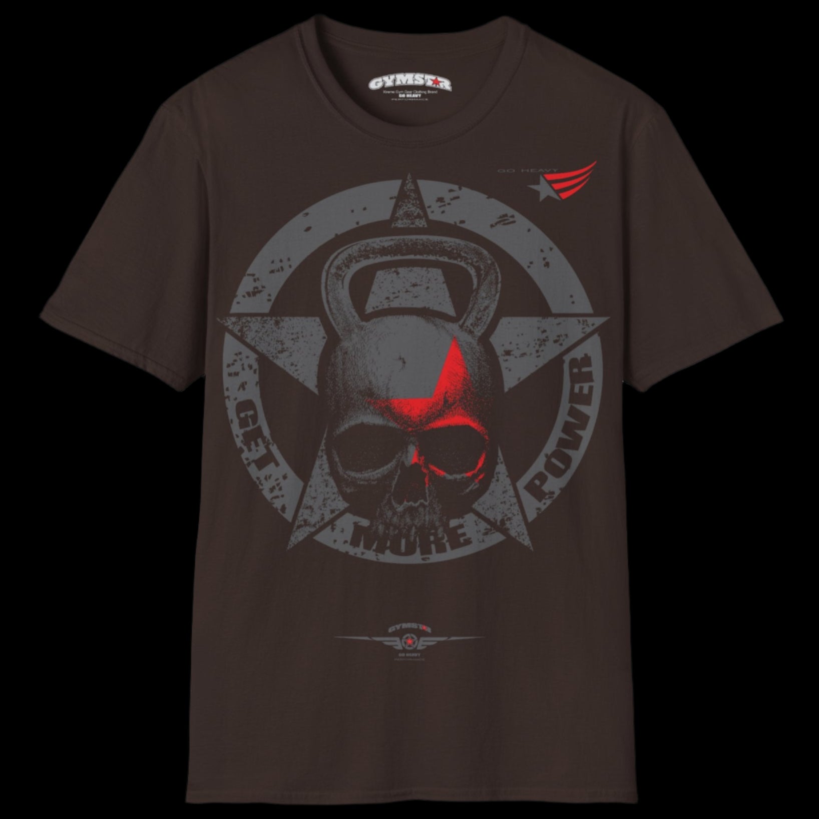  a brown Gymstar T-shirt, branded with the company logo and a motivational print, Get More Power
