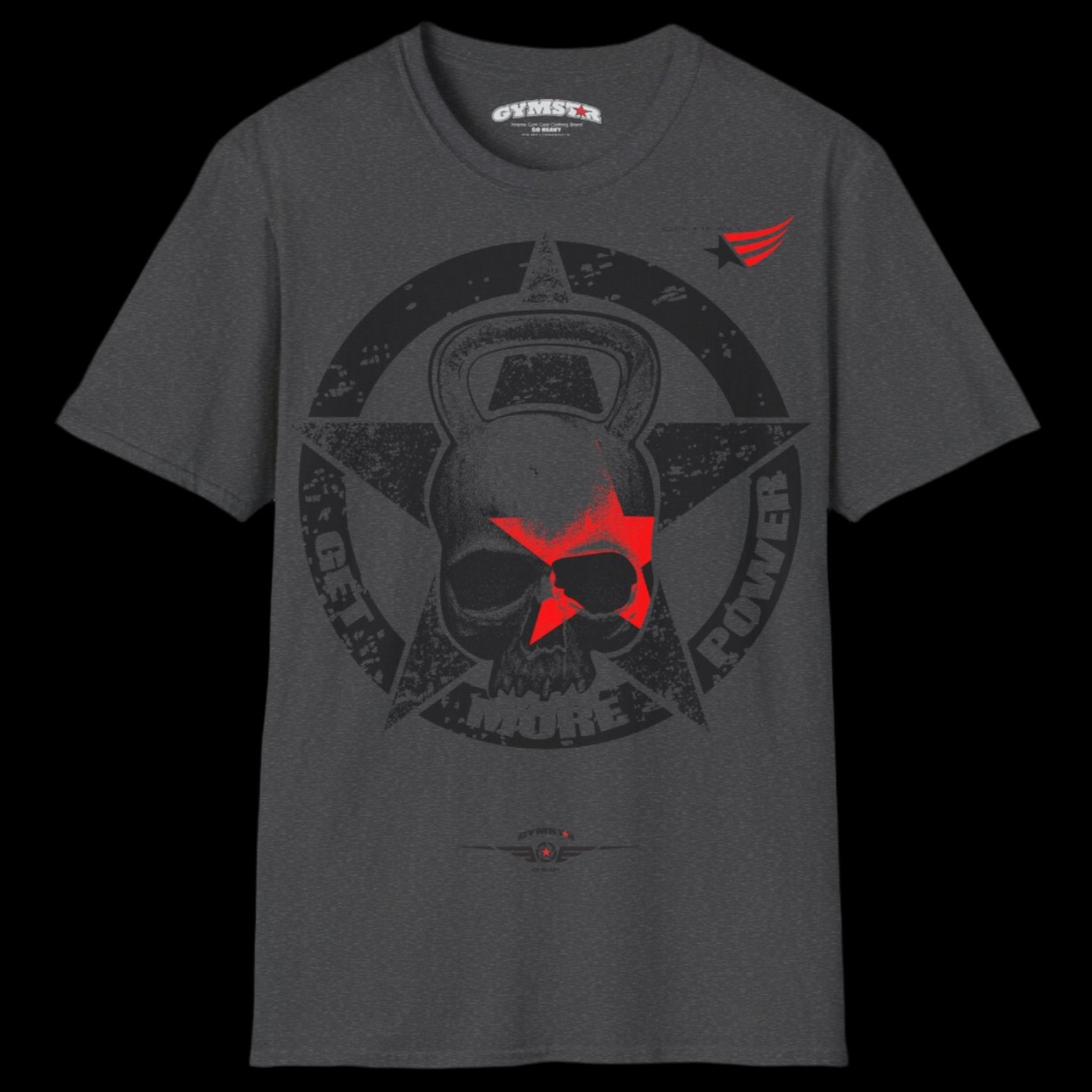  a charcoal grey Gymstar T-shirt, branded with the company logo and a motivational print, Get More Power