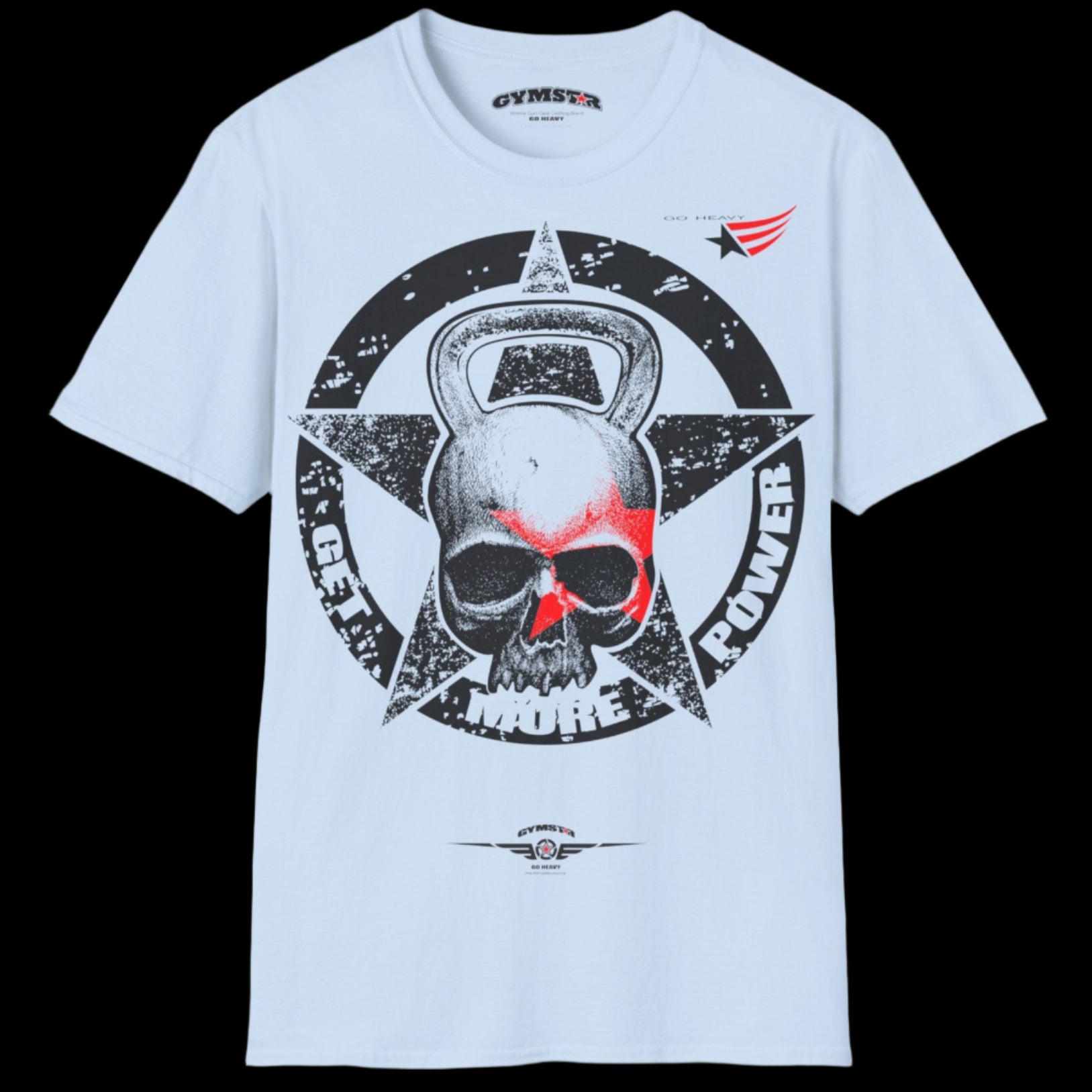  a light blue Gymstar T-shirt, branded with the company logo and a motivational print, Get More Power