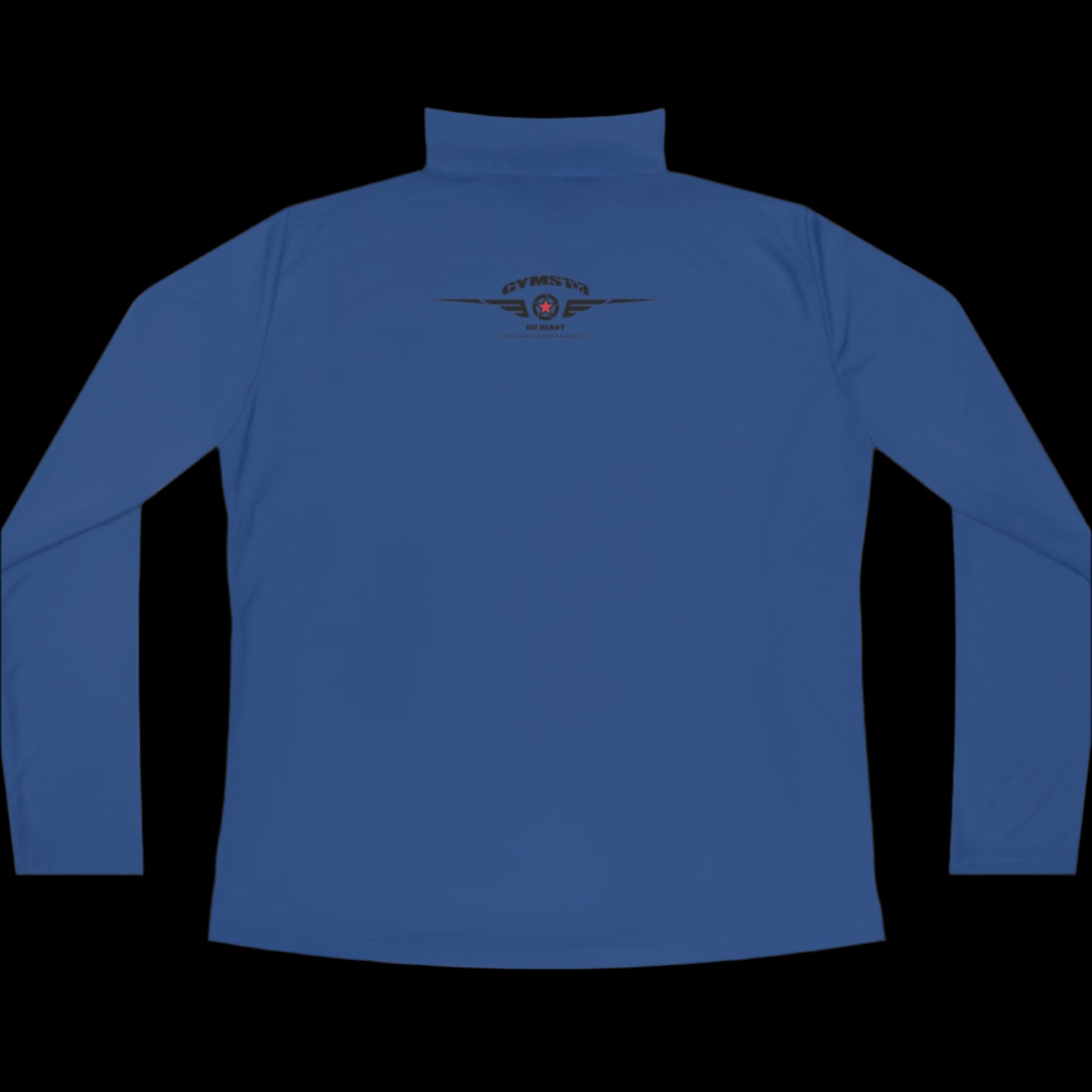 A blue half-zip sweatshirt with  logo printed on the back.