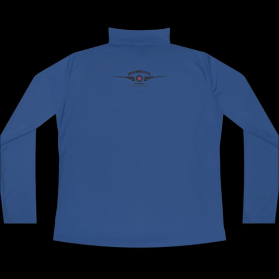 A blue half-zip sweatshirt with  logo printed on the back.