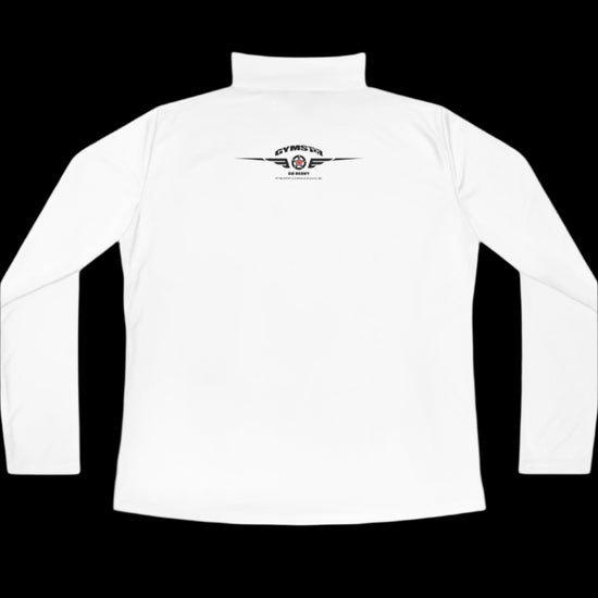 A white half-zip sweatshirt with  logo printed on the back.