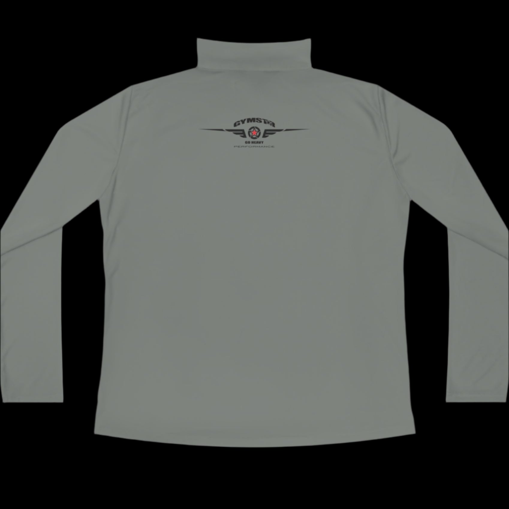 A silver grey half-zip sweatshirt with  logo printed on the back.