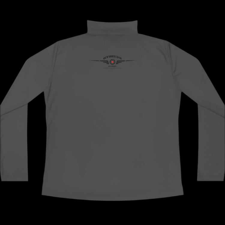 A grey half-zip sweatshirt with  logo printed on the back.