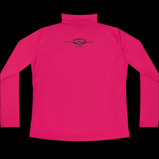 A purple half-zip sweatshirt with  logo printed on the back.