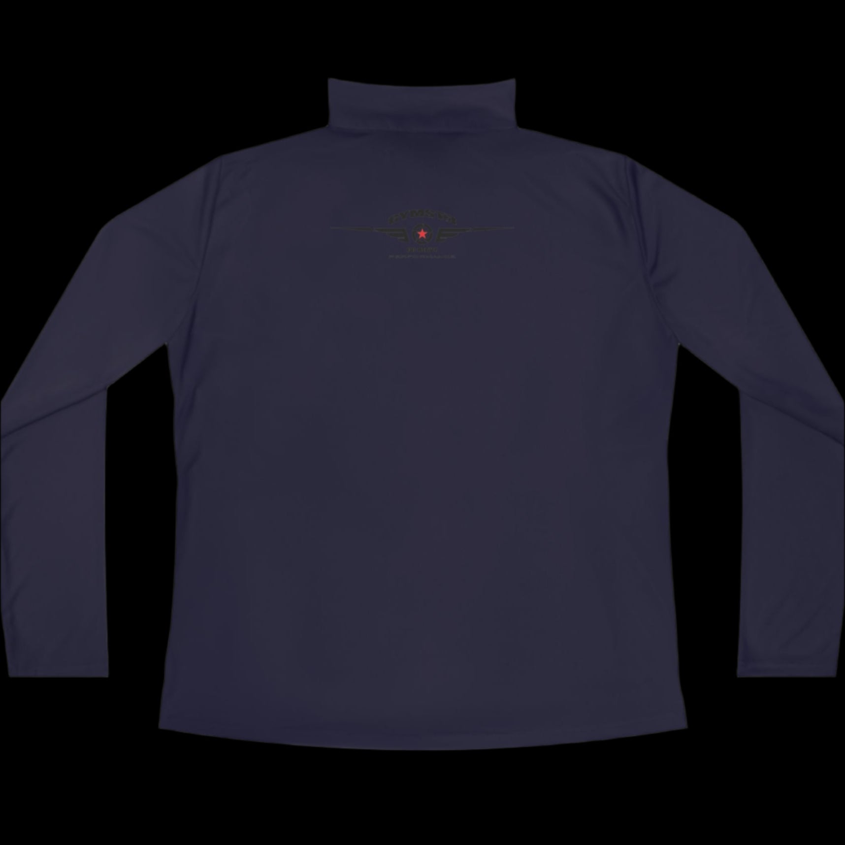 A deep navy blue half-zip sweatshirt with  logo printed on the back.