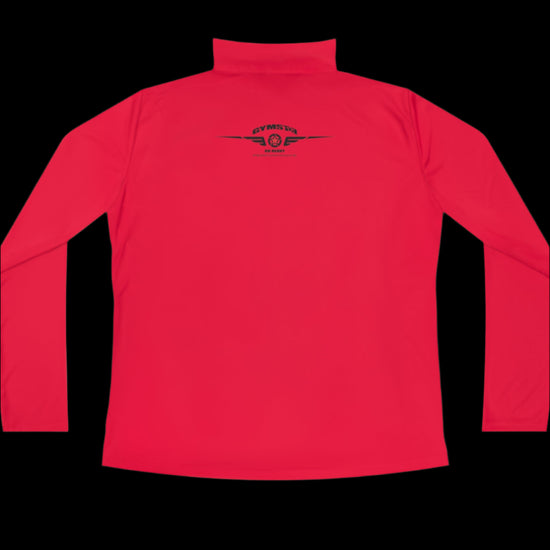 A orange half-zip sweatshirt with  logo printed on the back.