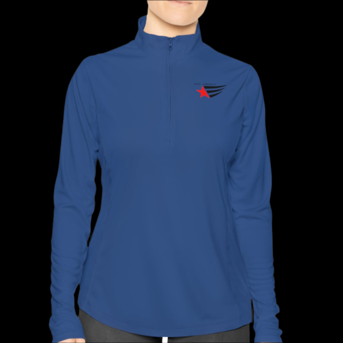 A person wearing a blue half-zip sweatshirt with  logo printed on the front.