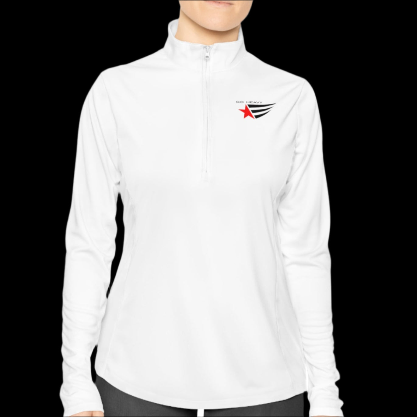 A person wearing a white half-zip sweatshirt with  logo printed on the front.