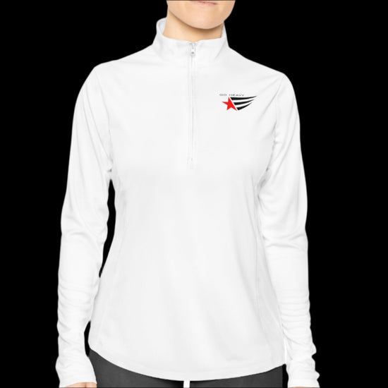 A person wearing a white half-zip sweatshirt with  logo printed on the front.