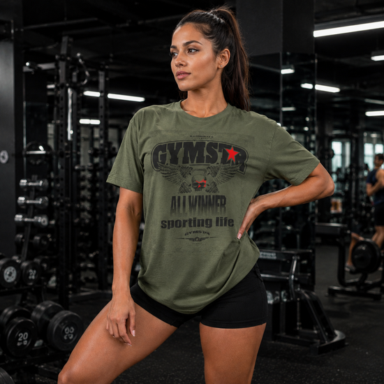 Woman wearing a green GYMSTAR  t-shirt with gym-themed design in a gym setting