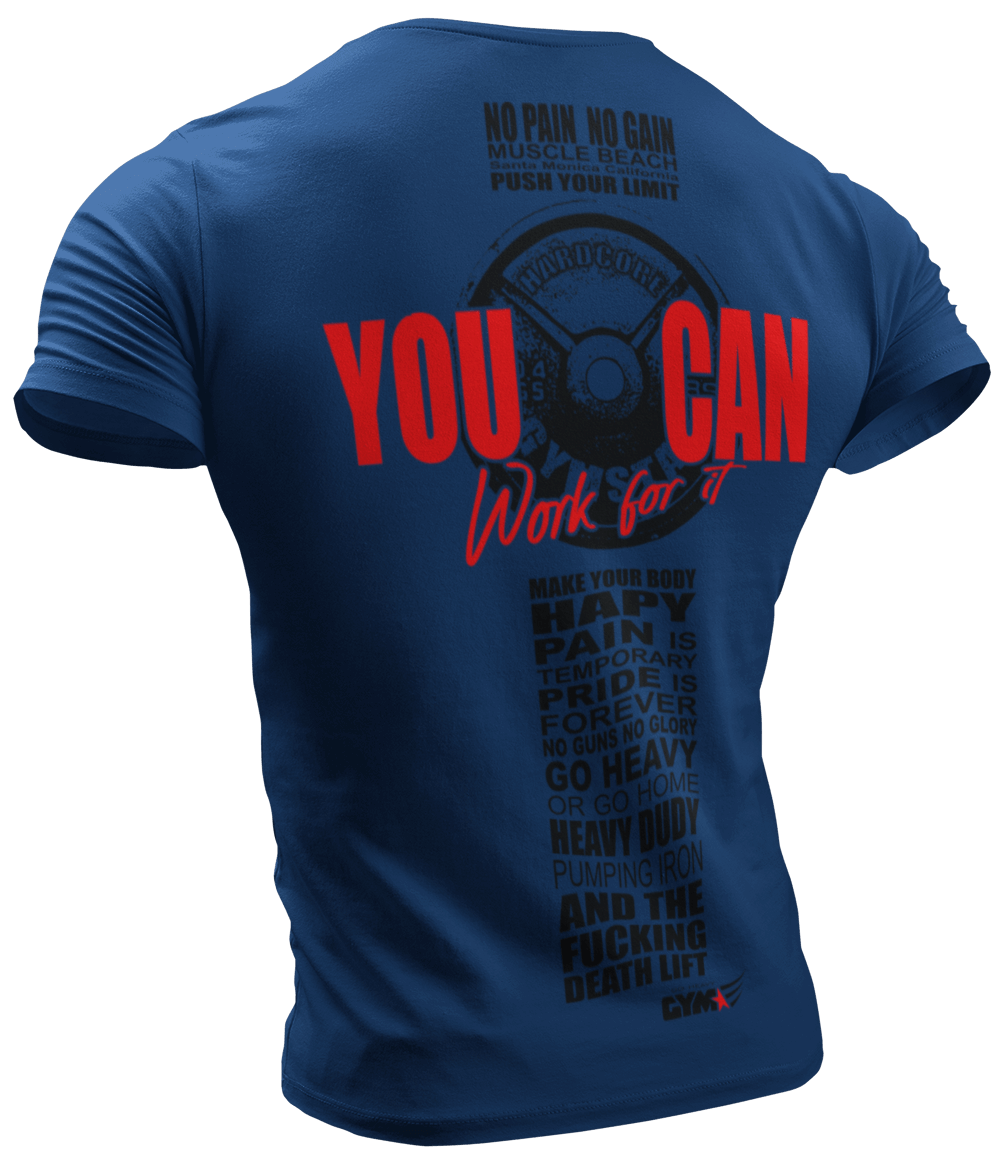 The image shows the back of a blue sports t-shirt Gymstar with the text 'YOU CAN' and a graphic of a Skull Kettlebell and logo.