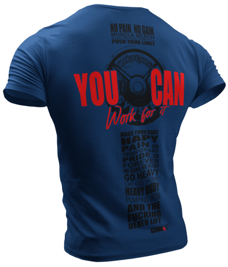 The image shows the back of a blue sports t-shirt Gymstar with the text 'YOU CAN' and a graphic of a Skull Kettlebell and logo.