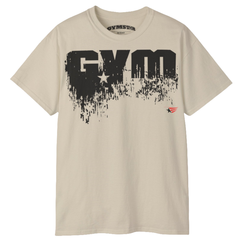 A beige Gymstar workout t-shirt with a deep navy blue graphic that reads 'GYM SMALL STAR',   and logo, presumably bodybulding or fitness.   Front  view.