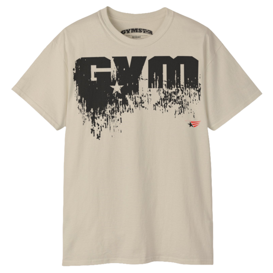 A beige Gymstar workout t-shirt with a deep navy blue graphic that reads 'GYM SMALL STAR',   and logo, presumably bodybulding or fitness.   Front  view.