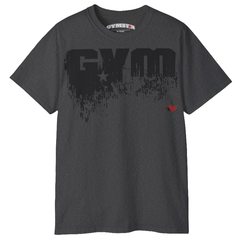 A grey  Gymstar workout t-shirt with a deep navy blue graphic that reads 'GYM SMALL STAR',   and logo, presumably bodybulding or fitness.  Front view.