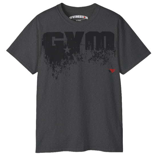 A grey  Gymstar workout t-shirt with a deep navy blue graphic that reads 'GYM SMALL STAR',   and logo, presumably bodybulding or fitness.  Front view.