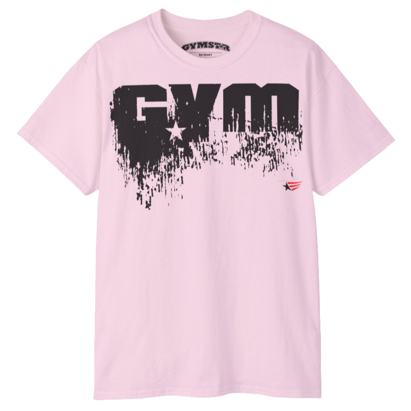 A pink Gymstar workout t-shirt with a deep navy blue graphic that reads 'GYM SMALL STAR',   and logo, presumably bodybulding or fitness. Front view.