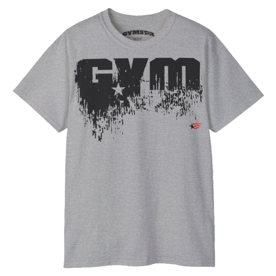 A silver grey Gymstar workout t-shirt with a deep navy blue graphic that reads 'GYM SMALL STAR',   and logo, presumably bodybulding or fitness.   Front  view.