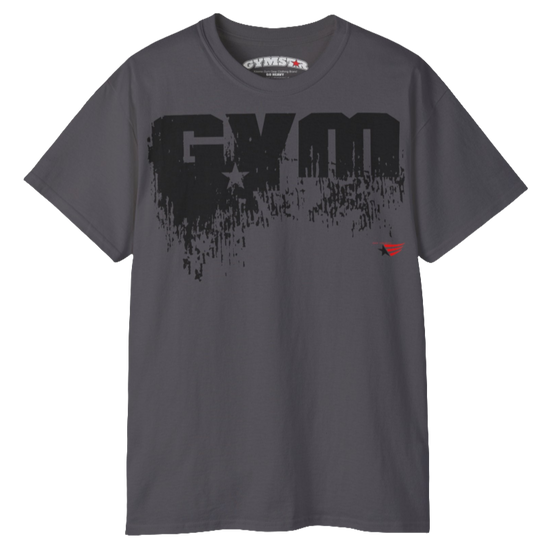 A sport grey Gymstar workout t-shirt with a deep navy blue graphic that reads 'GYM SMALL STAR',   and logo, presumably bodybulding or fitness.  Front  view.