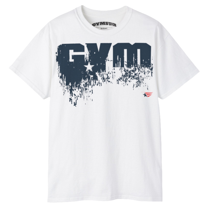 A white Gymstar workout t-shirt with a deep navy blue graphic that reads 'GYM SMALL STAR',   and logo, presumably bodybulding or fitness.  Rear Logo Close up view.